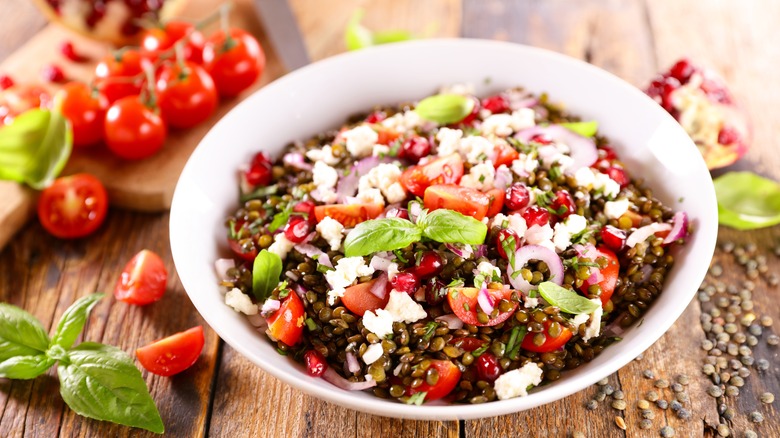 lentil basil salad in bowl