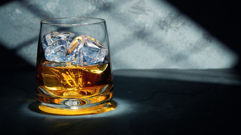 whiskey with clear ice cubes