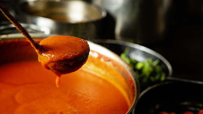 Red spaghetti sauce in ladle