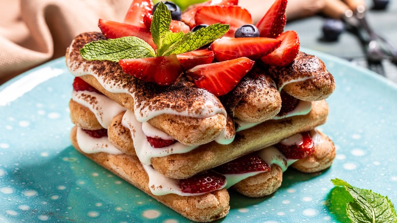 slice of tiramisu with strawberries