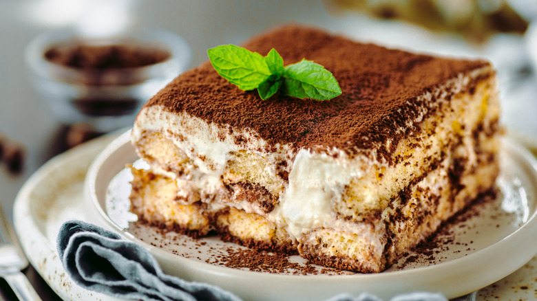 slice of tiramisu with mint