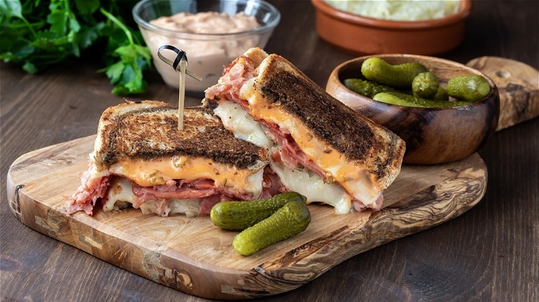 Melted Reuben sandwich sliced