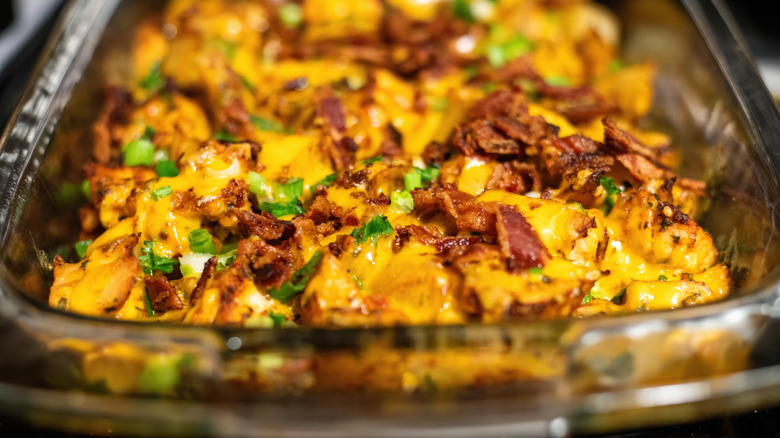 Mississippi Mud Potatoes, a version of baked potato casserole, freshly cooked in a pan