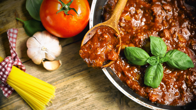 A pot of Bolognese sauce