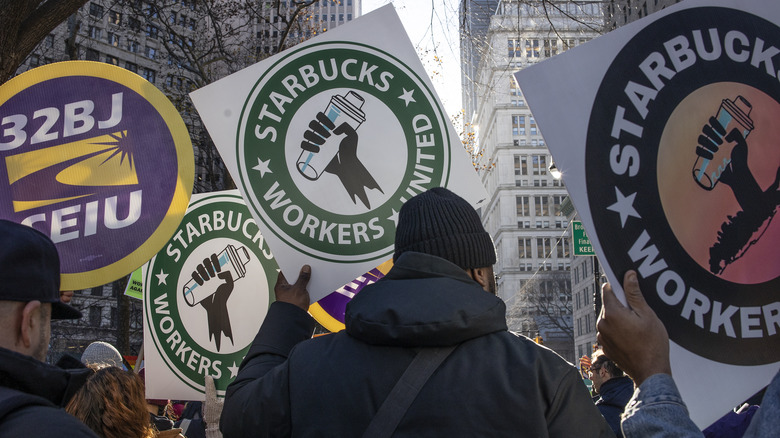 Starbucks Workers United protest signs