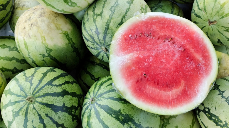 Closeup of watermelons piled on top of each other