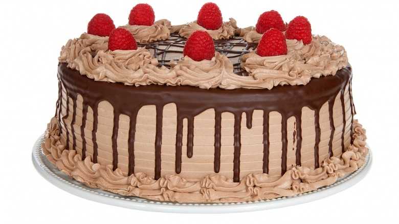 Frosted chocolate cake with raspberries