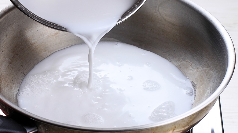 Pouring coconut milk into stainless steel bowl
