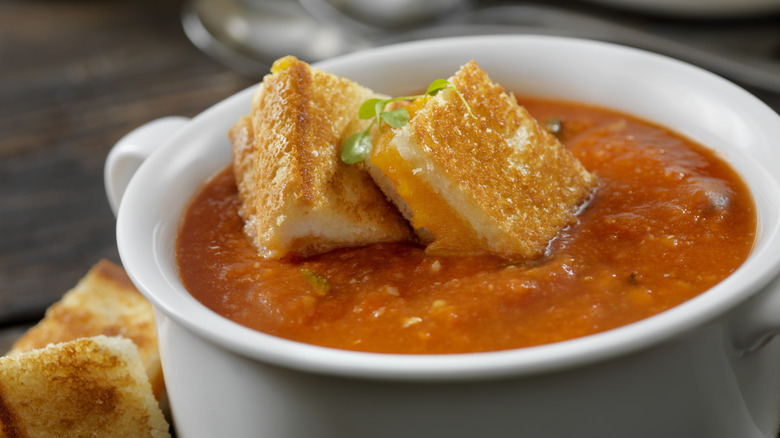 homemade tomato soup with mini grilled cheese croutons