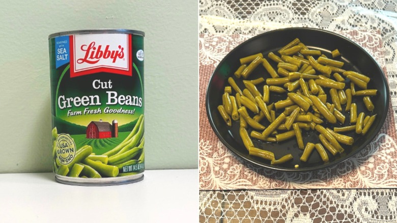 Libby's canned green beans alongside a bowl of drained green beans