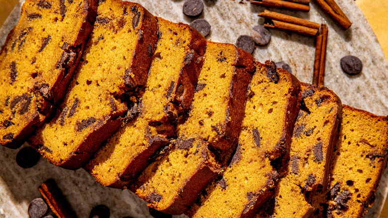 Slices of pumpkin bread with chocolate chips baked into them