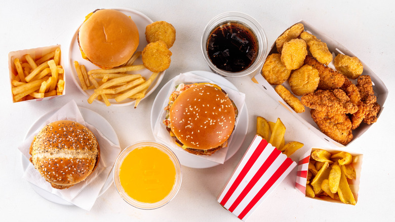 Various fast food menu items, shot from above