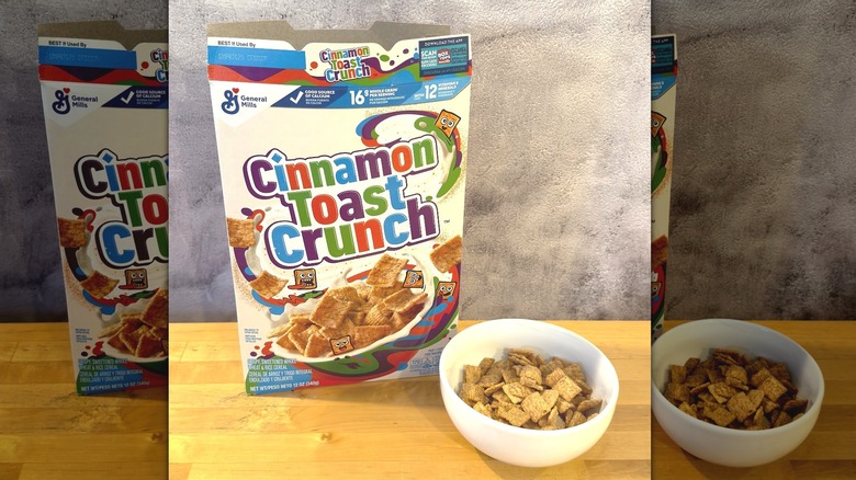 Cinnamon Toast Crunch cereal on wooden table