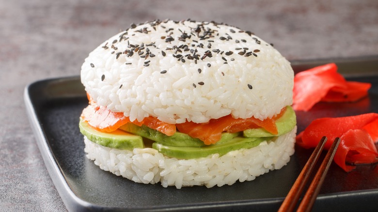 Salmon and avocado sushi burger