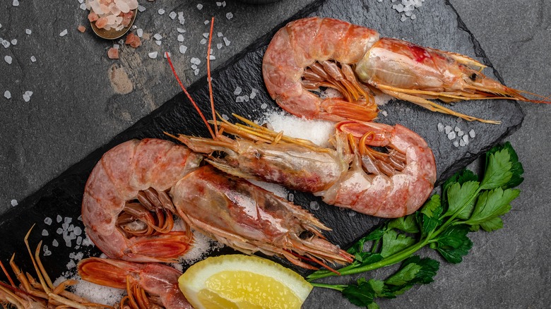 Argentine red shrimp on black board