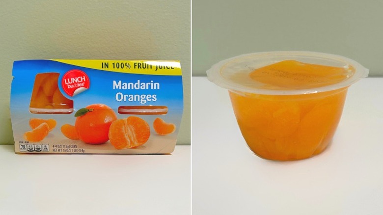 Aldi's lunch buddies mandarin oranges in 100% fruit juice on a table in both the full package and single cup