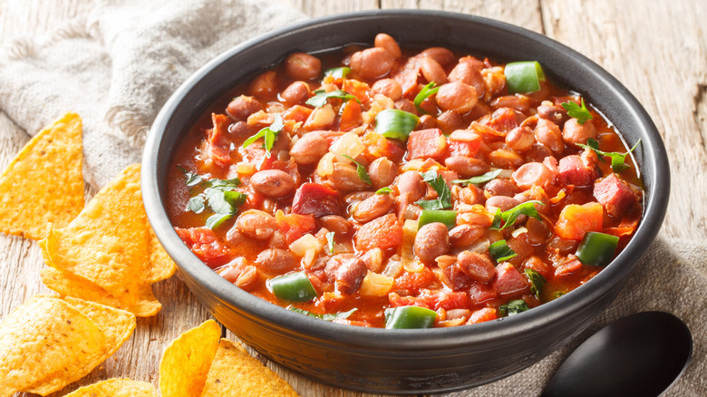 Mexican charro beans with tortilla chips