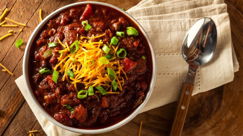 Bowl of chili with spoon 