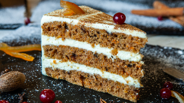 carrot cake on rustic countertop
