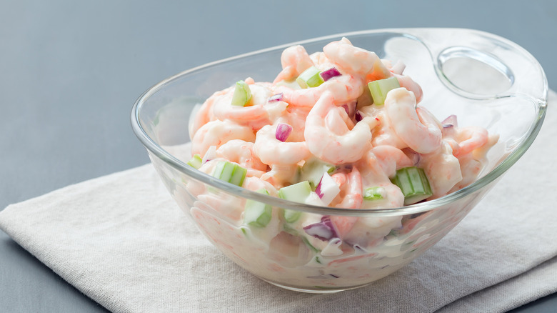 Shrimp salad in clear bowl