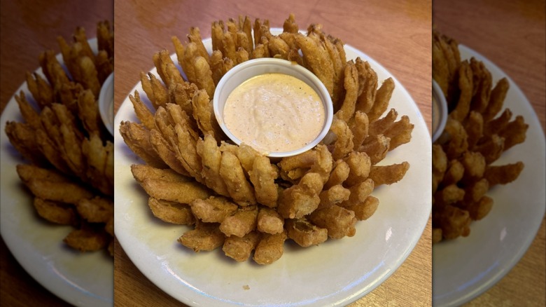 A Cactus Blossom appetizer from Texas Roadhouse, with a plastic cup of "Cajun sauce" in the middle