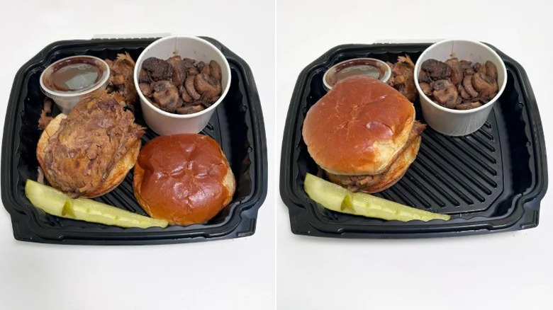 Two Texas Roadhouse pulled pork sandwiches with mushrooms and a pickle in a to go tray