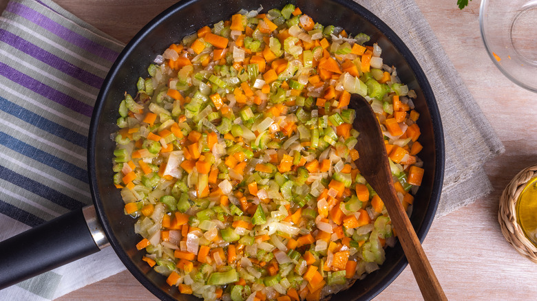 cooked mirepoix in pot