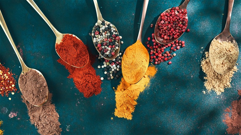Whole and ground spices on spoons 