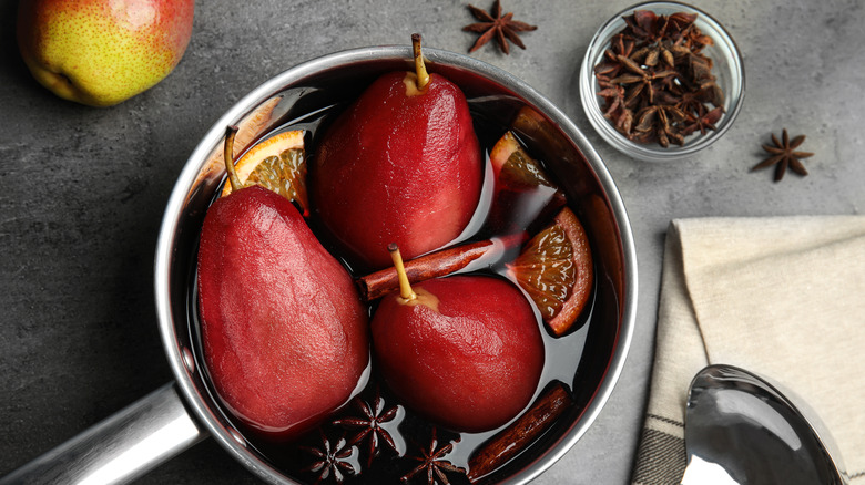 Poached pears in pot