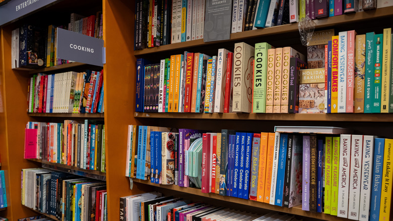 Cookbook section of a bookstore.
