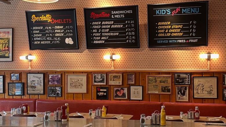 Interior of Hamburg Inn No. 2 in Iowa City with chalkboards displaying the menu