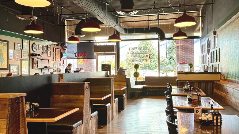 Interior of Paul's Pancake Parlor with booths and tables