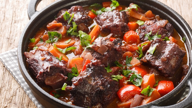 Cooked oxtail stew in pot
