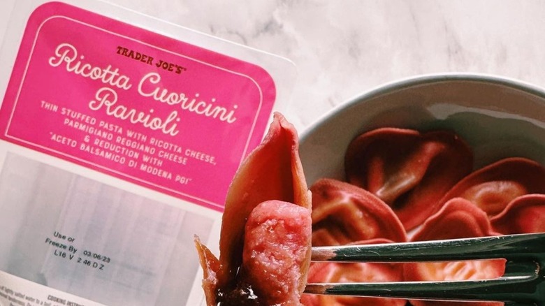 Heart-shaped ravioli on fork
