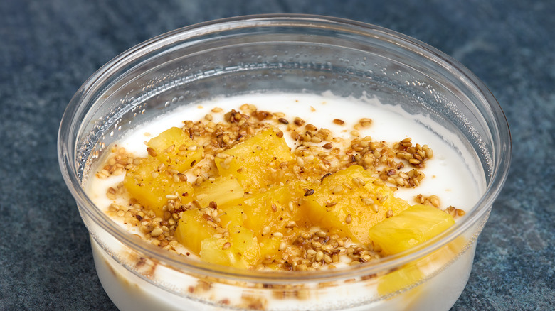 Haupia topped with pineapple and sesame