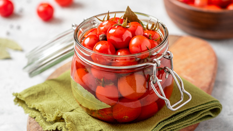 Pickled cherry tomatoes in jar
