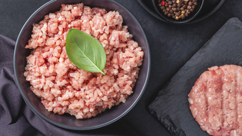 Raw ground turkey meat and turkey meat patty 
