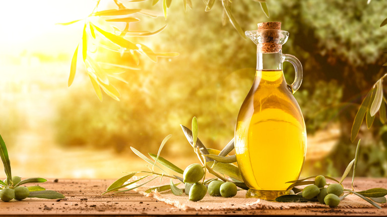 Olive oil bottle in an orchard