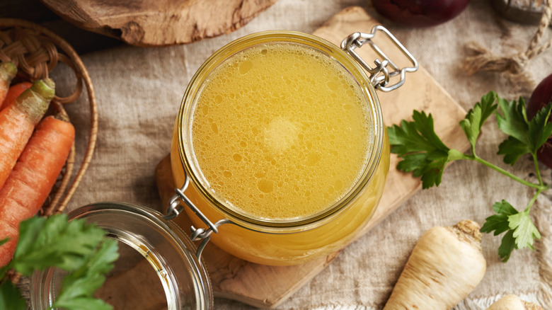 Chicken bone broth in a glass jar