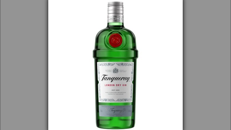 A close up of a bottle of Tanqueray Gin bottle