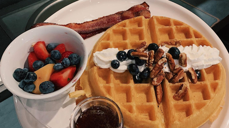 Blueberry pecan waffles with bacon