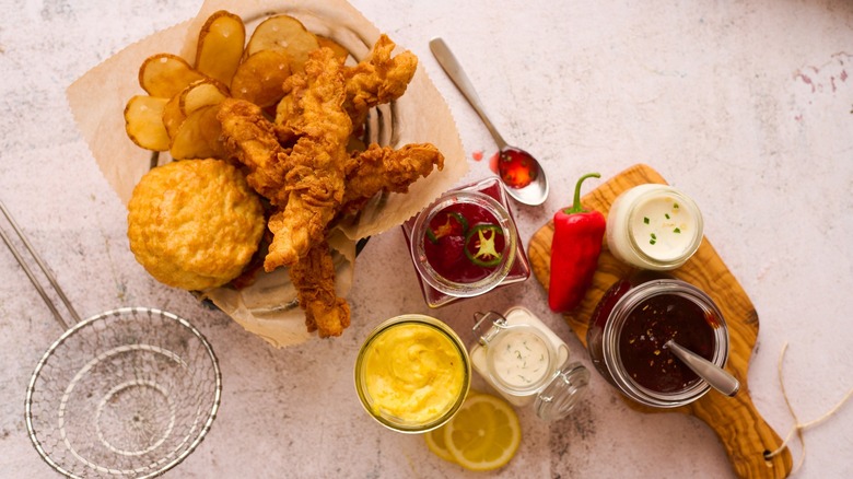 Fried chicken with biscuits and spreads