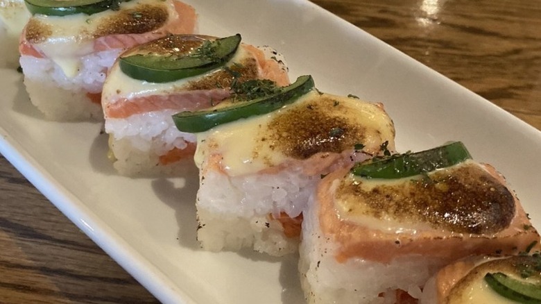 oshizushi with salmon on plate