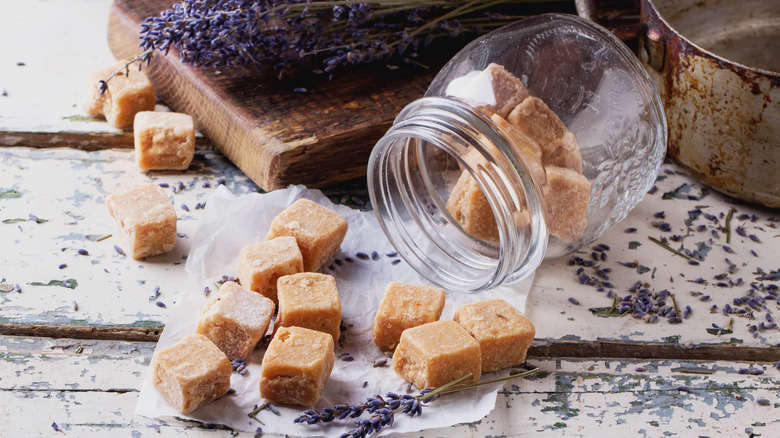butterscotch candy from mason jar with lavander