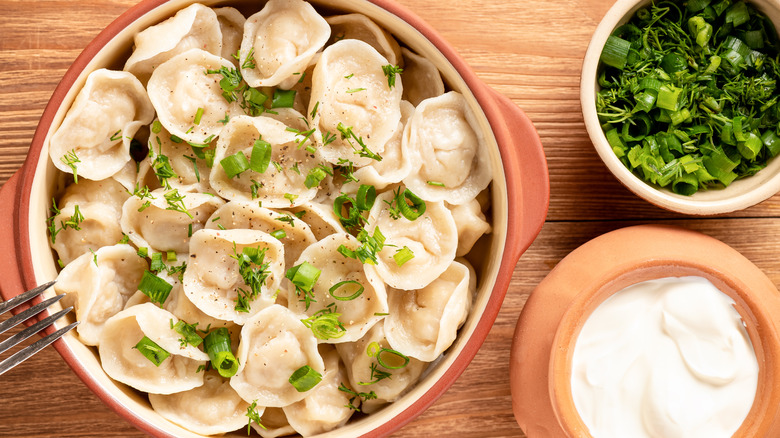 Bowl of Russian pelmeni dumplings