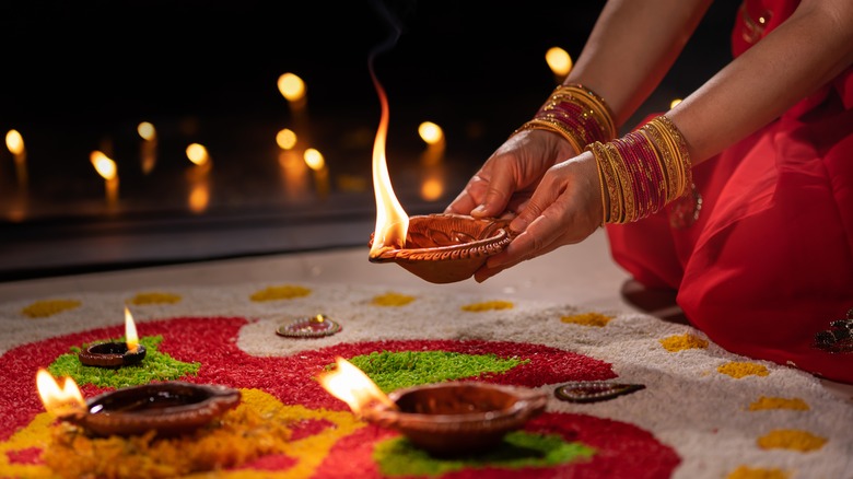 Lamps lit during Diwali