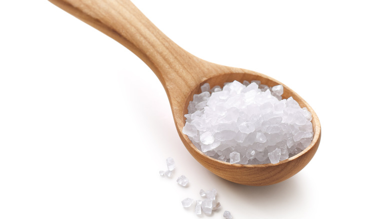 white salt in wooden spoon