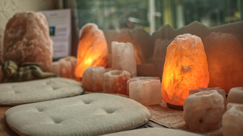 salt lamps and floor cushions