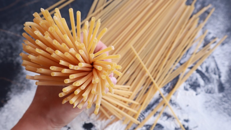 hand holding bucatini noodles