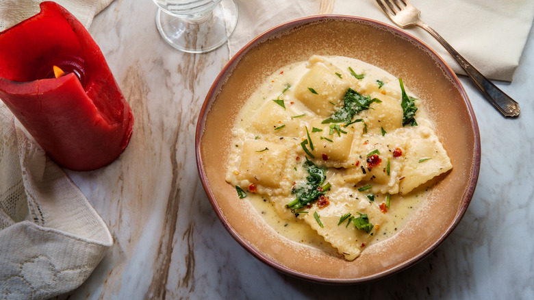 bowl of ravioli and sauce